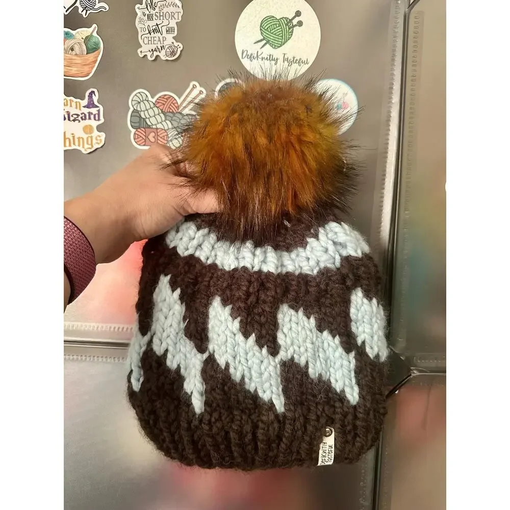 Hand Knit Tilt A Whirl Beanie: Cozy Winter Hat with Faux Fur Pom